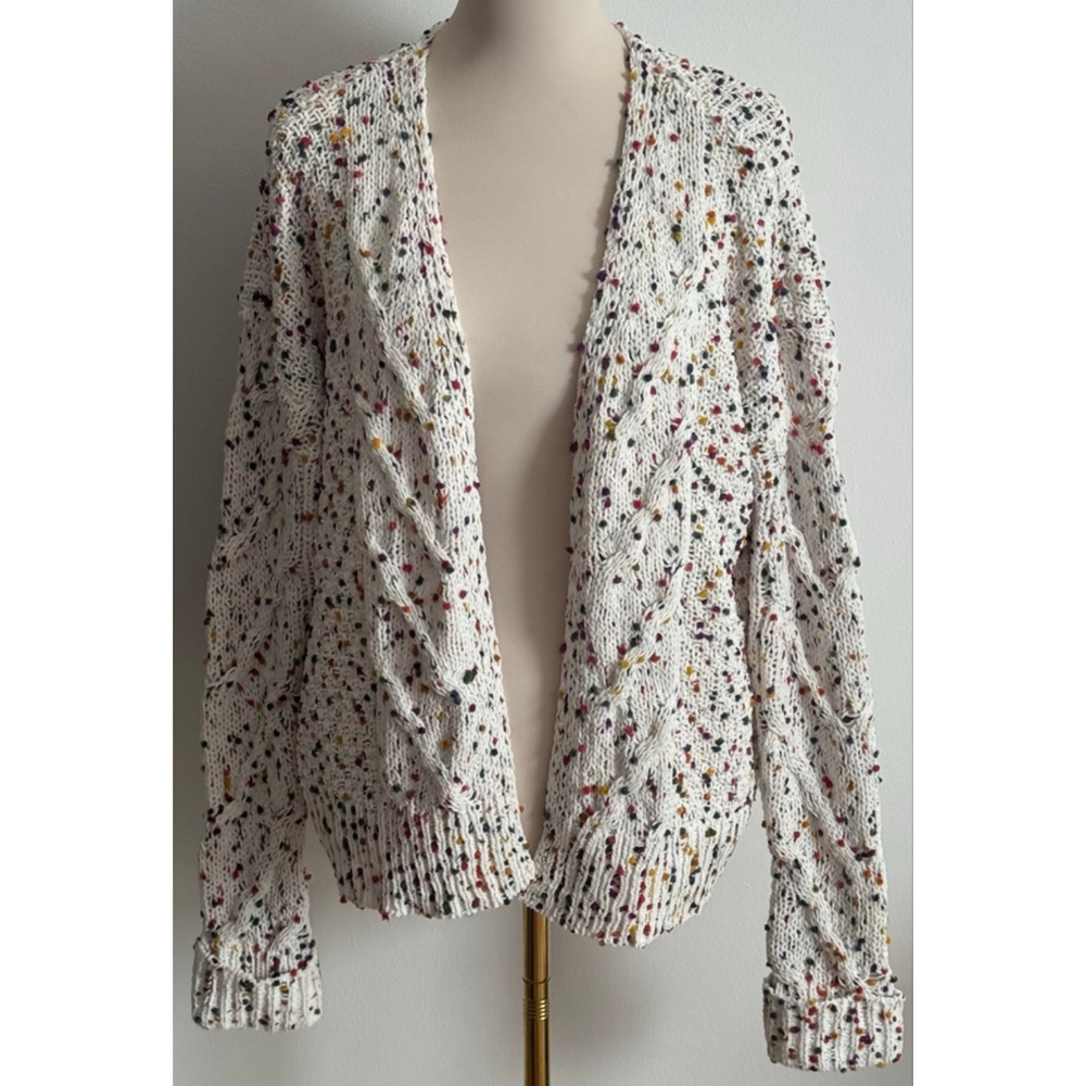 Women's La Serein White Multi-color Flecked Cardigan Sweater L